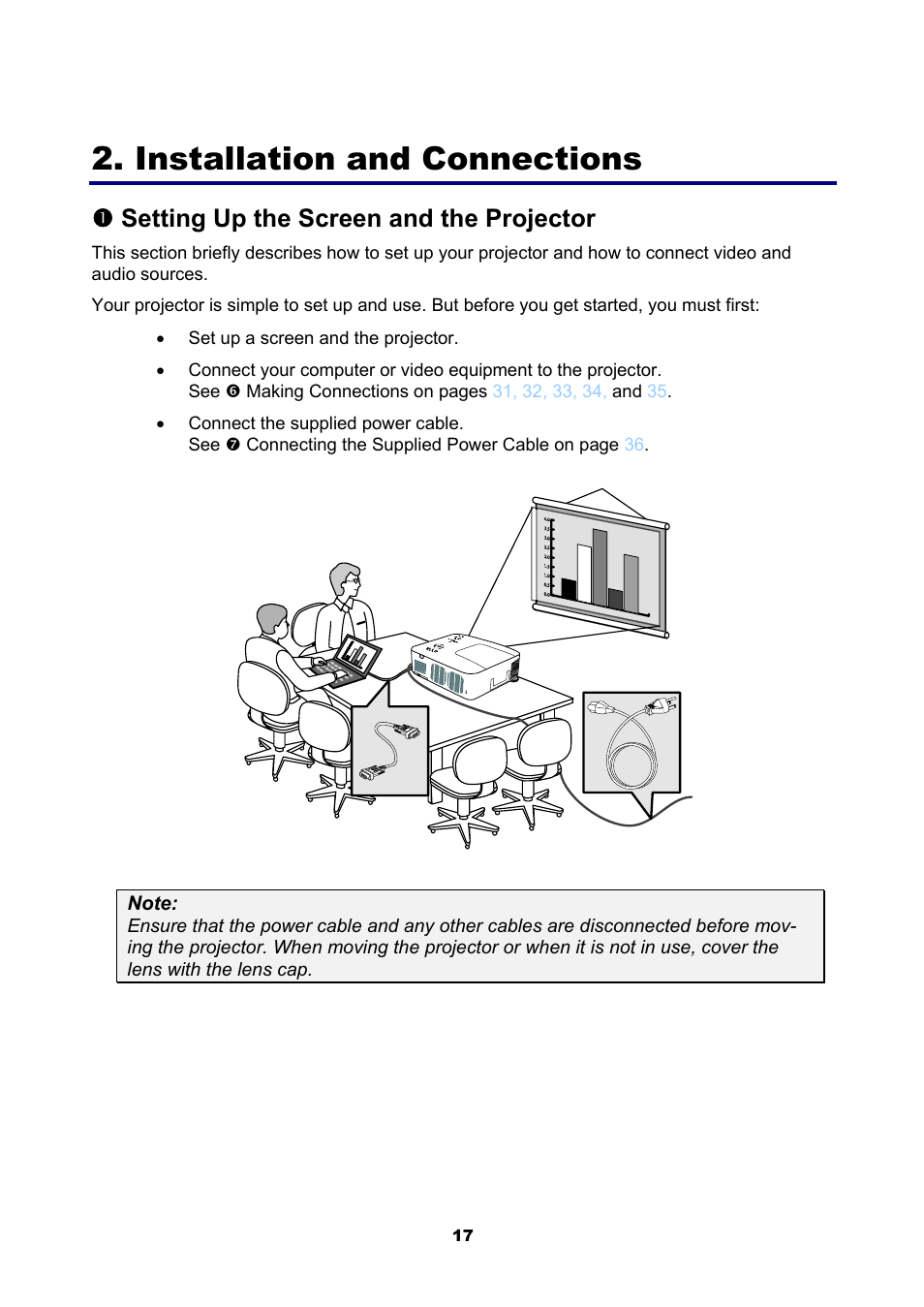 Installation and connections, 1) setting up the screen and the projector, Etting | P the, Creen and the, Rojector, Nsetting up the screen and the projector | NEC NP4001 User Manual | Page 29 / 151