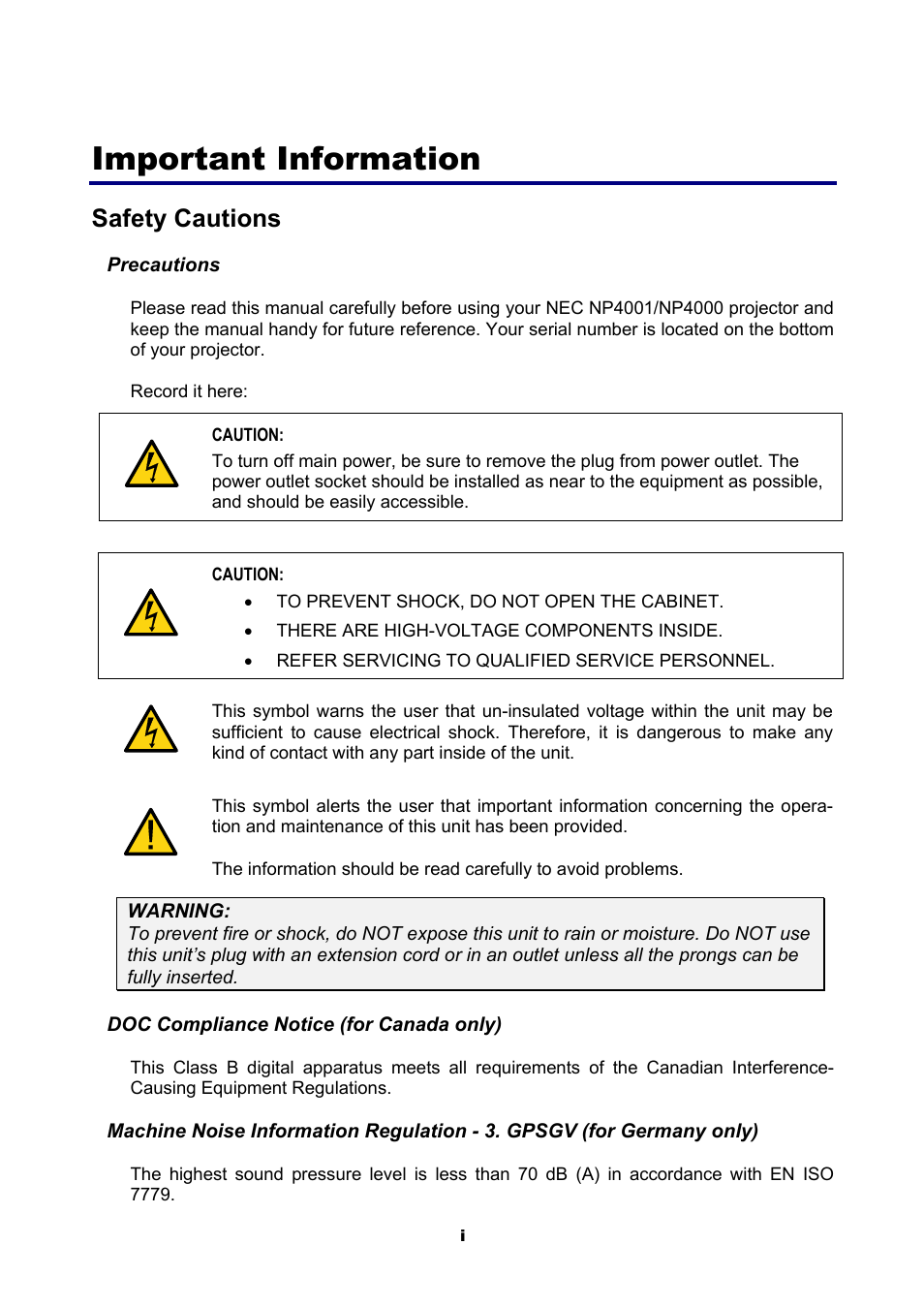 Important information, Safety cautions | NEC NP4001 User Manual | Page 3 / 151