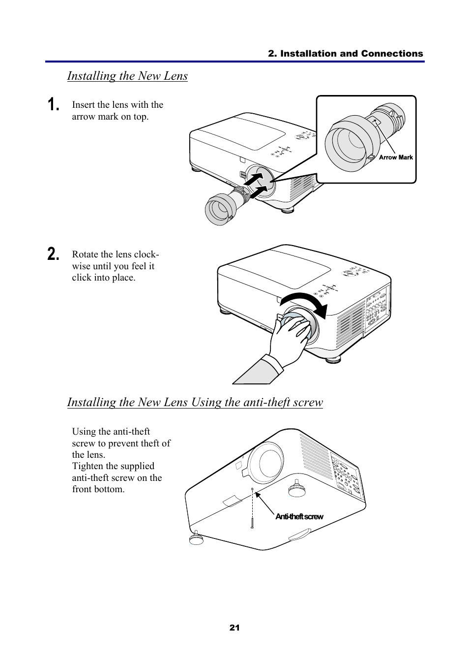 Installing the new lens, Installing the new lens using the anti-theft screw | NEC NP4001 User Manual | Page 33 / 151