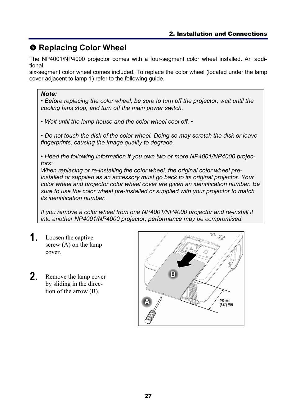 5) replacing color wheel, Eplacing, Olor | Heel | NEC NP4001 User Manual | Page 39 / 151