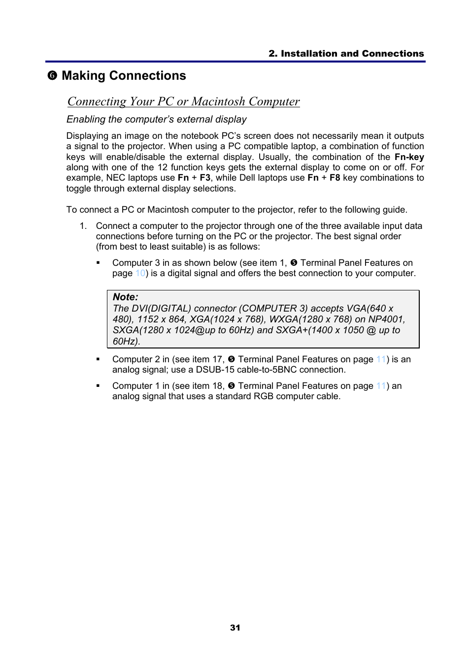 6) making connections, Connecting your pc or macintosh computer, Aking | Onnections, S making connections on pa | NEC NP4001 User Manual | Page 43 / 151