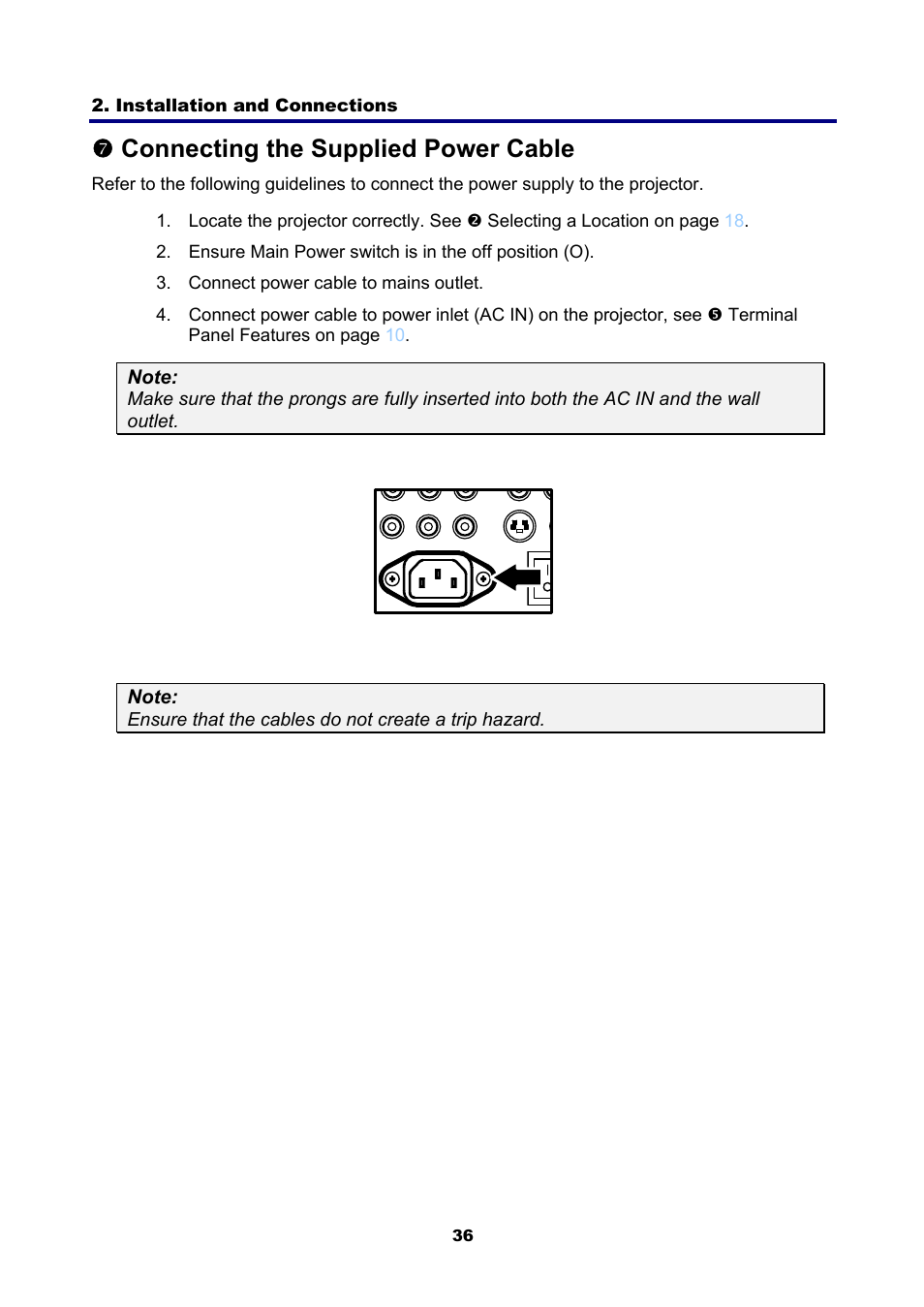 7) connecting the supplied power cable, Onnecting the, Upplied | Ower, Able, T connecting the supplied power cable on pa, Tconnecting the supplied power cable | NEC NP4001 User Manual | Page 48 / 151