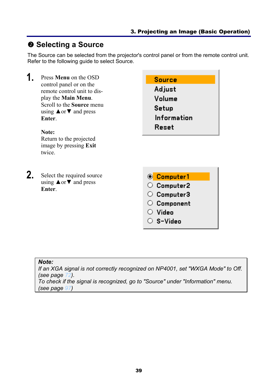 2) selecting a source, Electing a, Ource | Oselecting a source | NEC NP4001 User Manual | Page 51 / 151