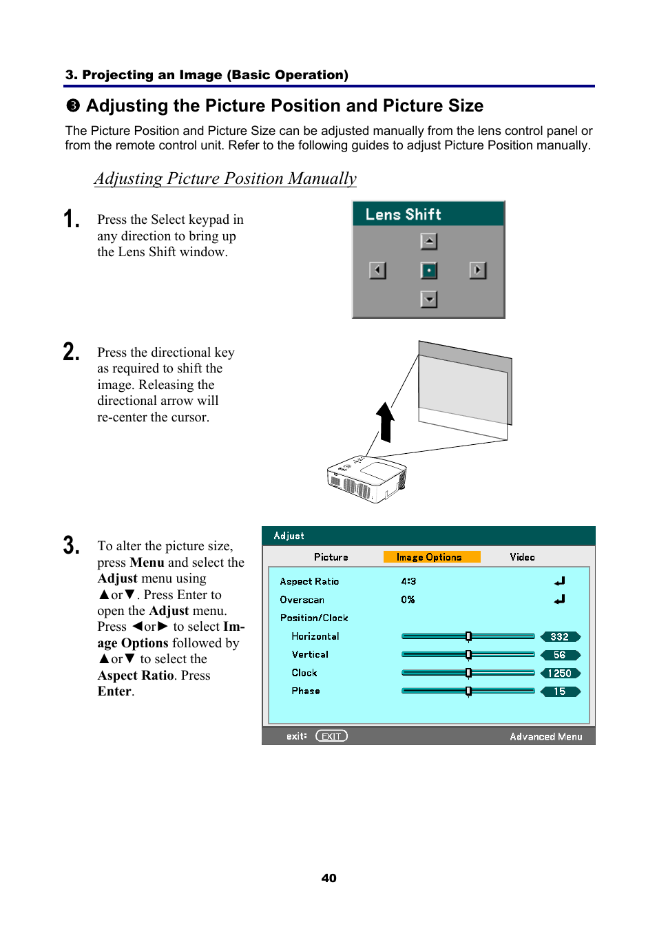 3) adjusting the picture position and picture size, Adjusting picture position manually, Djusting the | Icture, Osition and | NEC NP4001 User Manual | Page 52 / 151