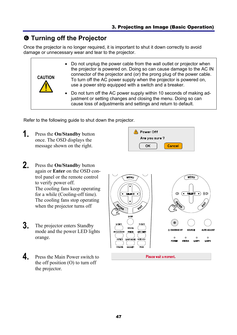 6) turning off the projector, Urning off the, Rojector | NEC NP4001 User Manual | Page 59 / 151
