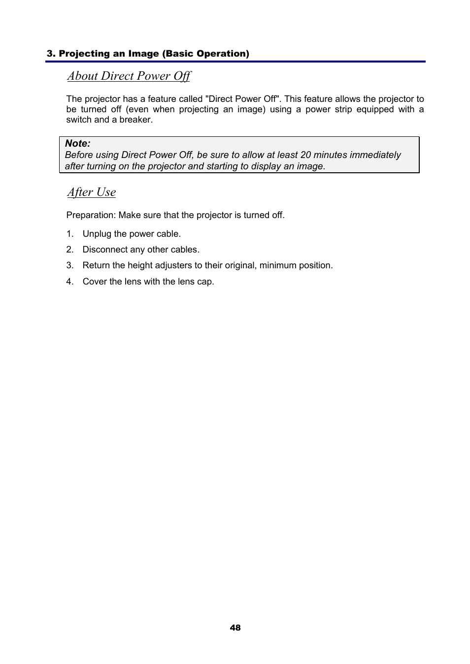 About direct power off, After use | NEC NP4001 User Manual | Page 60 / 151