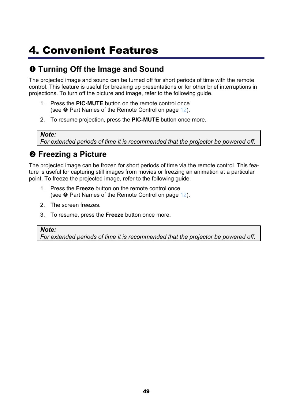 Convenient features, 1) turning off the image and sound, 2) freezing a picture | Urning, Ff the, Mage and, Ound, Reezing a, Icture, Nturning off the image and sound | NEC NP4001 User Manual | Page 61 / 151