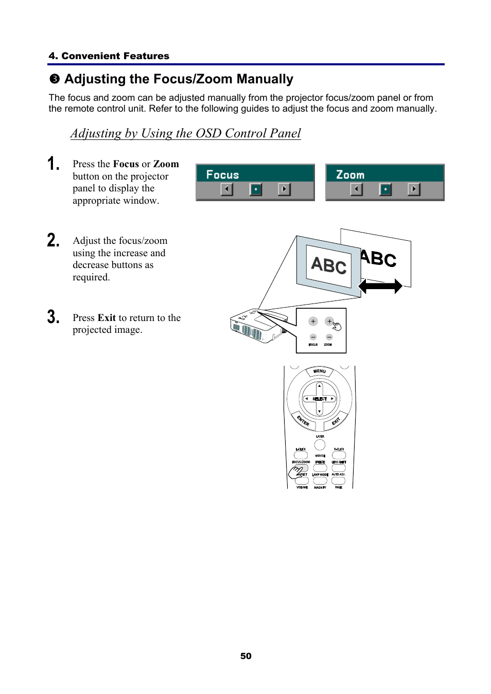 3) adjusting the focus/zoom manually, Adjusting by using the osd control panel, Djusting the | Ocus, Anually | NEC NP4001 User Manual | Page 62 / 151