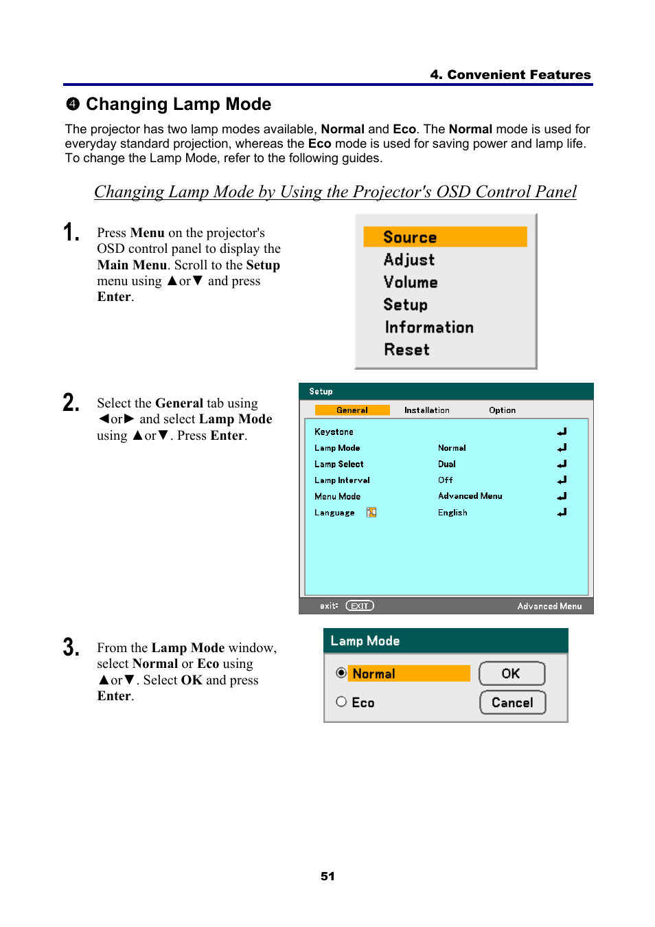 4) changing lamp mode, Hanging | NEC NP4001 User Manual | Page 63 / 151