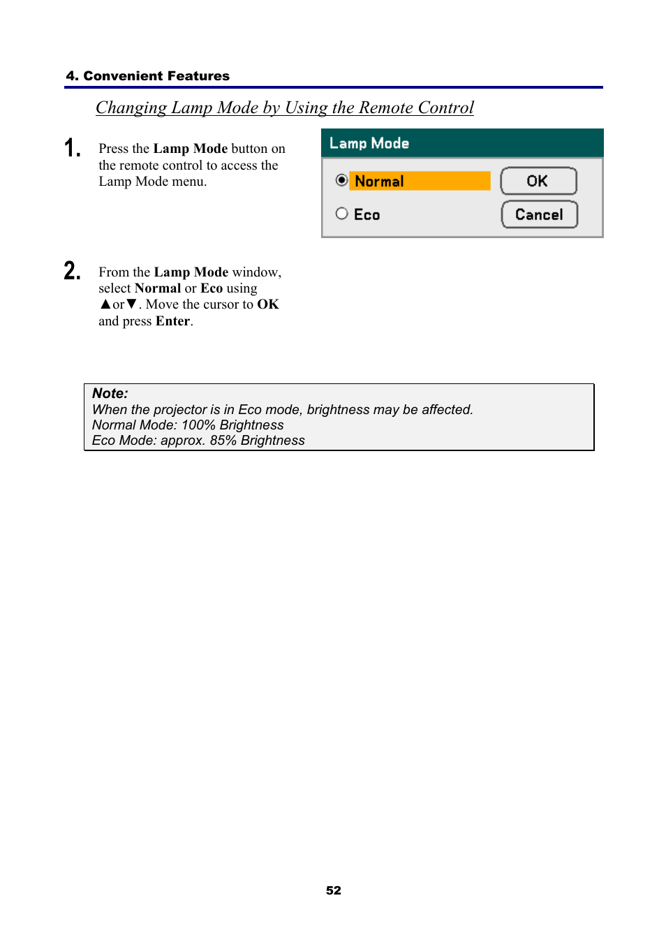 Changing lamp mode by using the remote control | NEC NP4001 User Manual | Page 64 / 151