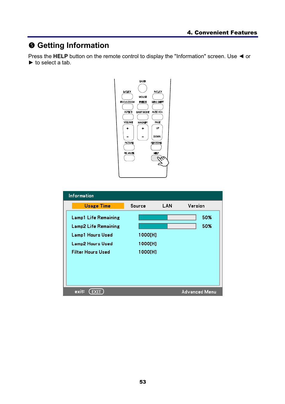 5) getting information, Etting, Nformation | Rgetting information | NEC NP4001 User Manual | Page 65 / 151