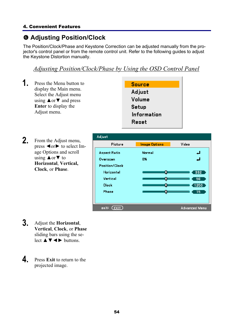 6) adjusting position/clock, Djusting, Osition | Lock | NEC NP4001 User Manual | Page 66 / 151