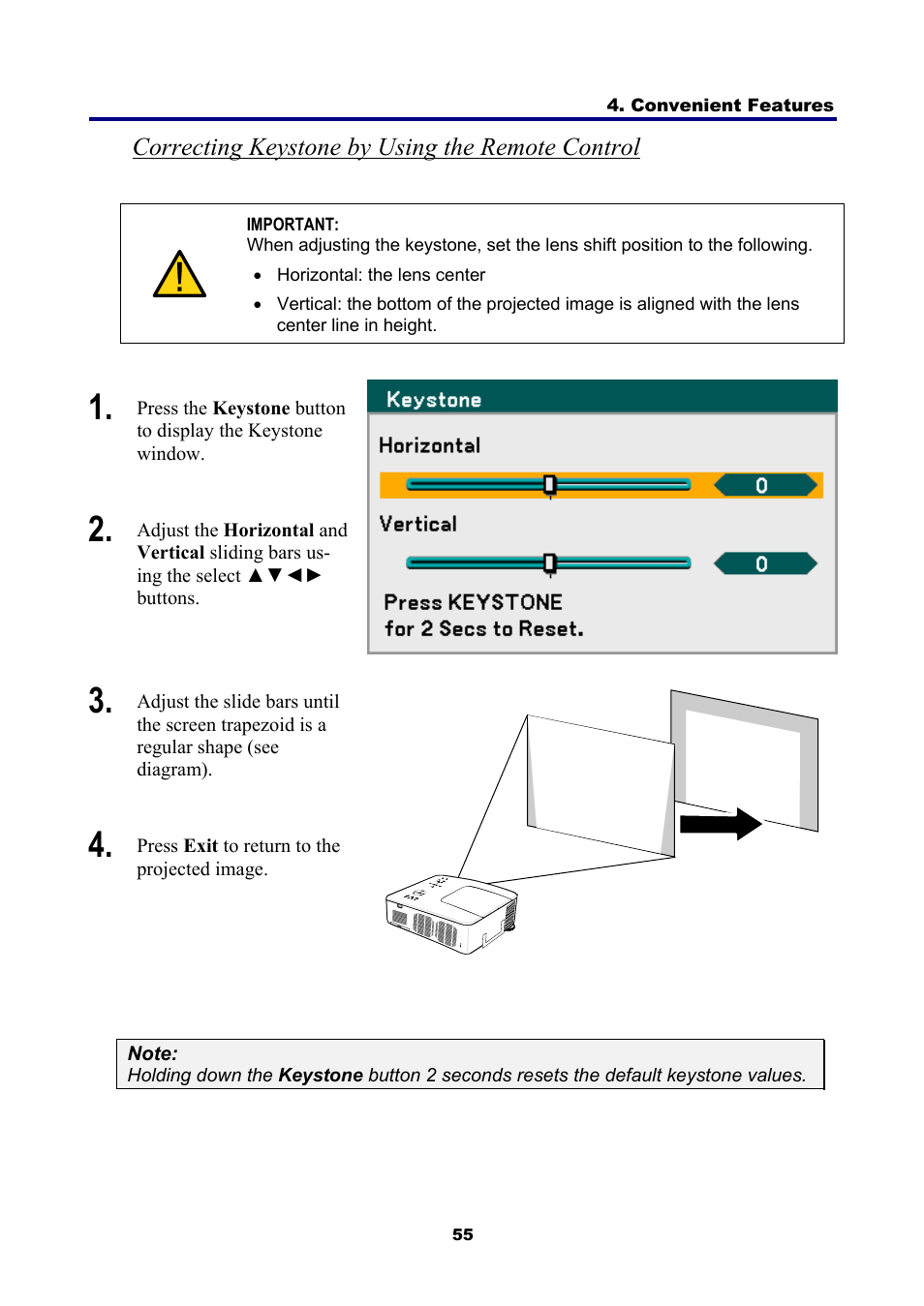 Correcting keystone by using the remote control | NEC NP4001 User Manual | Page 67 / 151