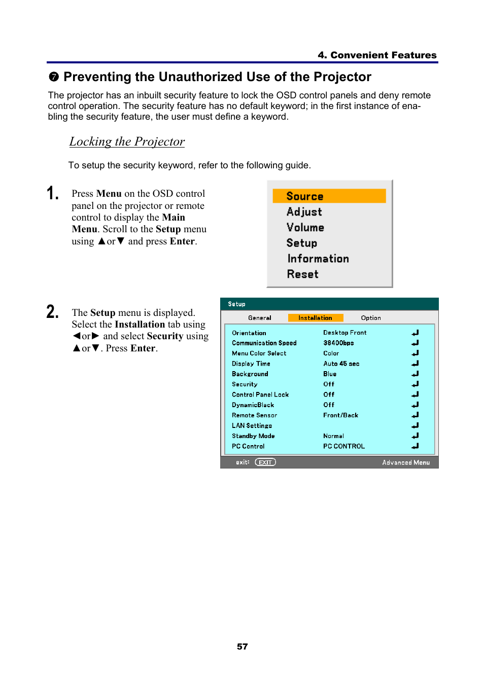 Locking the projector, Reventing the, Nauthorized | Se of the, Rojector | NEC NP4001 User Manual | Page 69 / 151