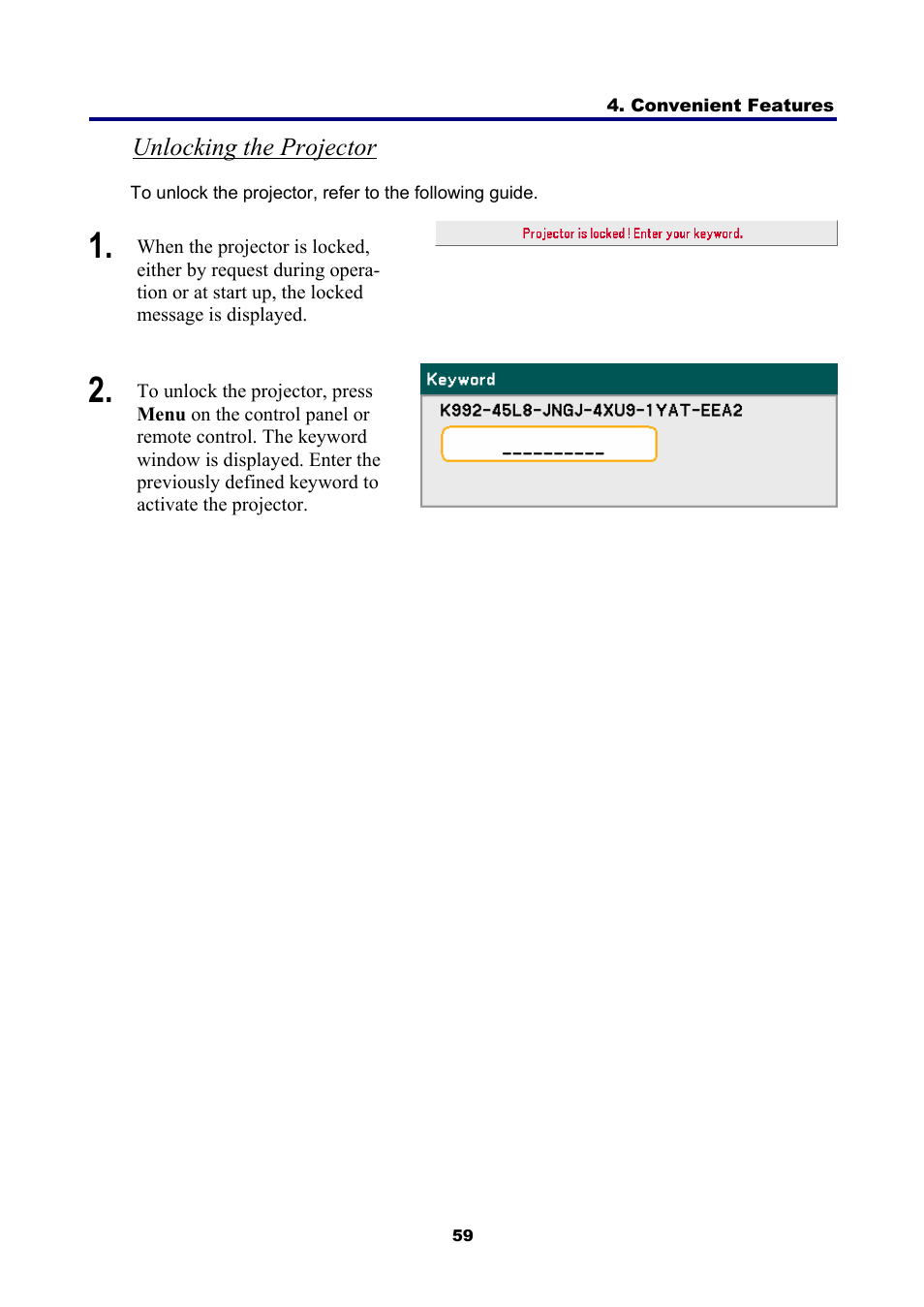 Unlocking the projector | NEC NP4001 User Manual | Page 71 / 151