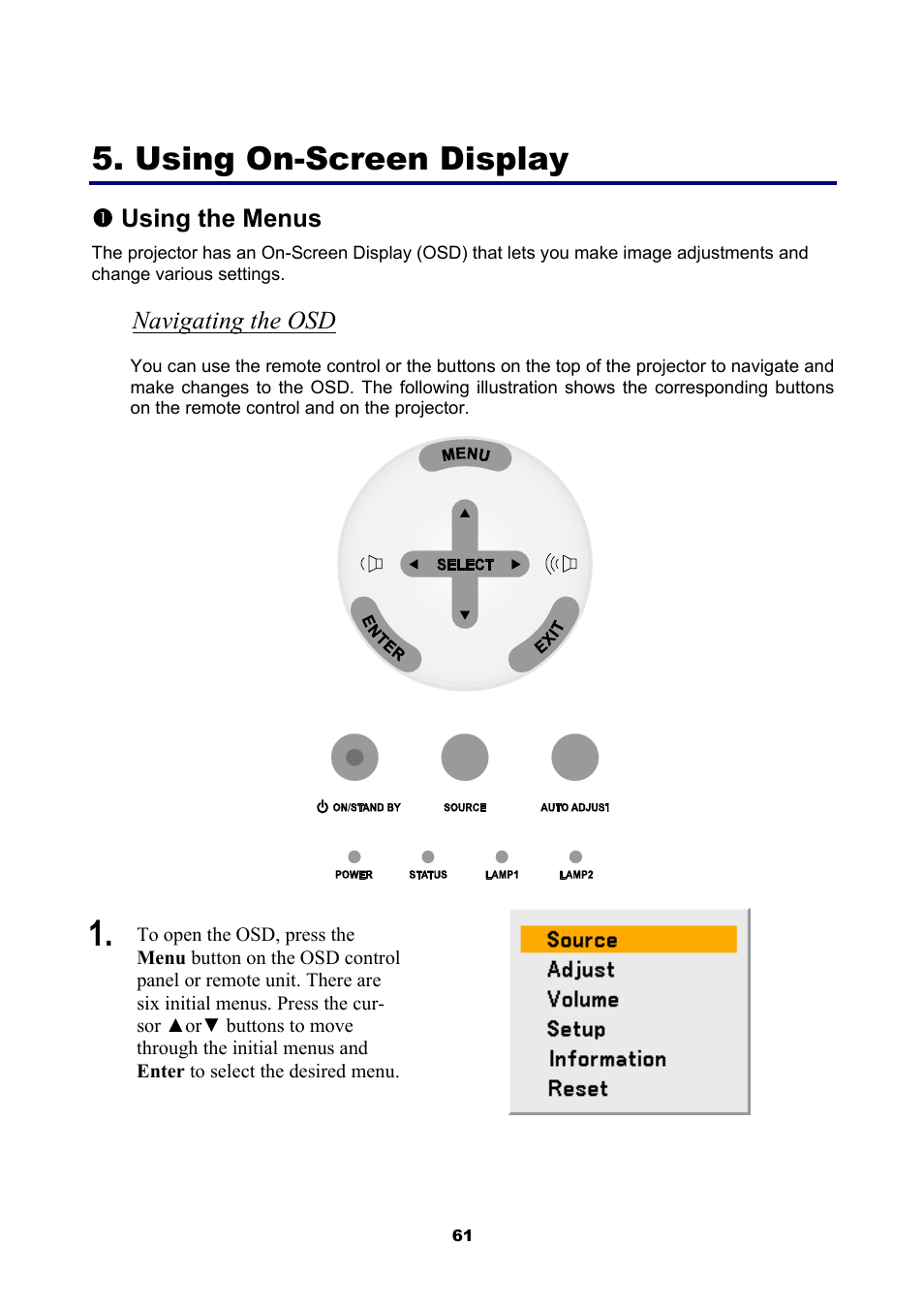 Using on-screen display, 1) using the menus, Navigating the osd | Sing the, Enus, Osd controls and | NEC NP4001 User Manual | Page 73 / 151