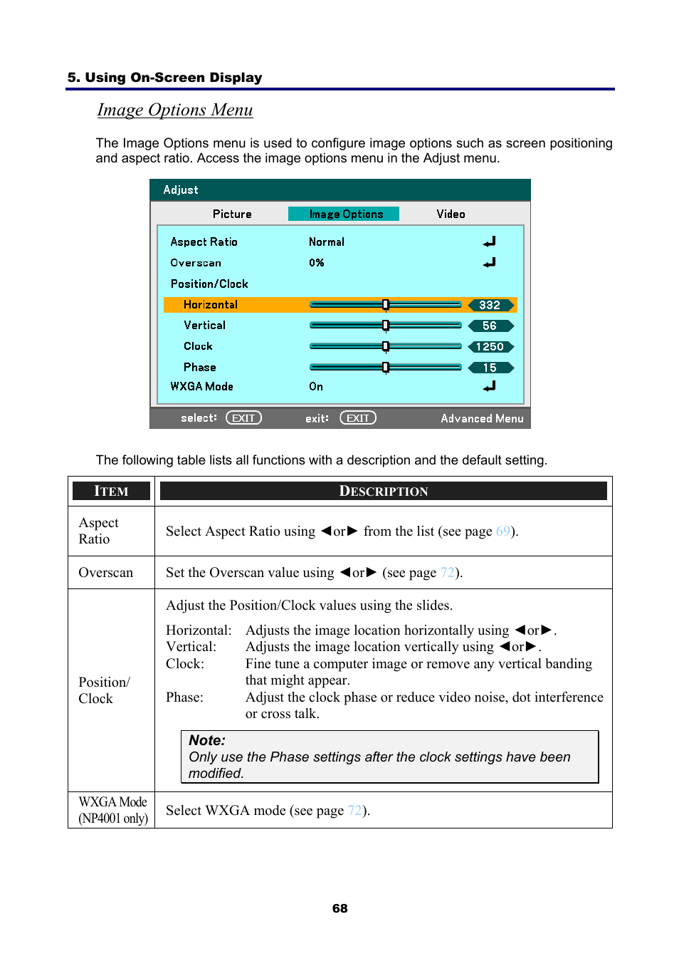 Image options menu | NEC NP4001 User Manual | Page 80 / 151