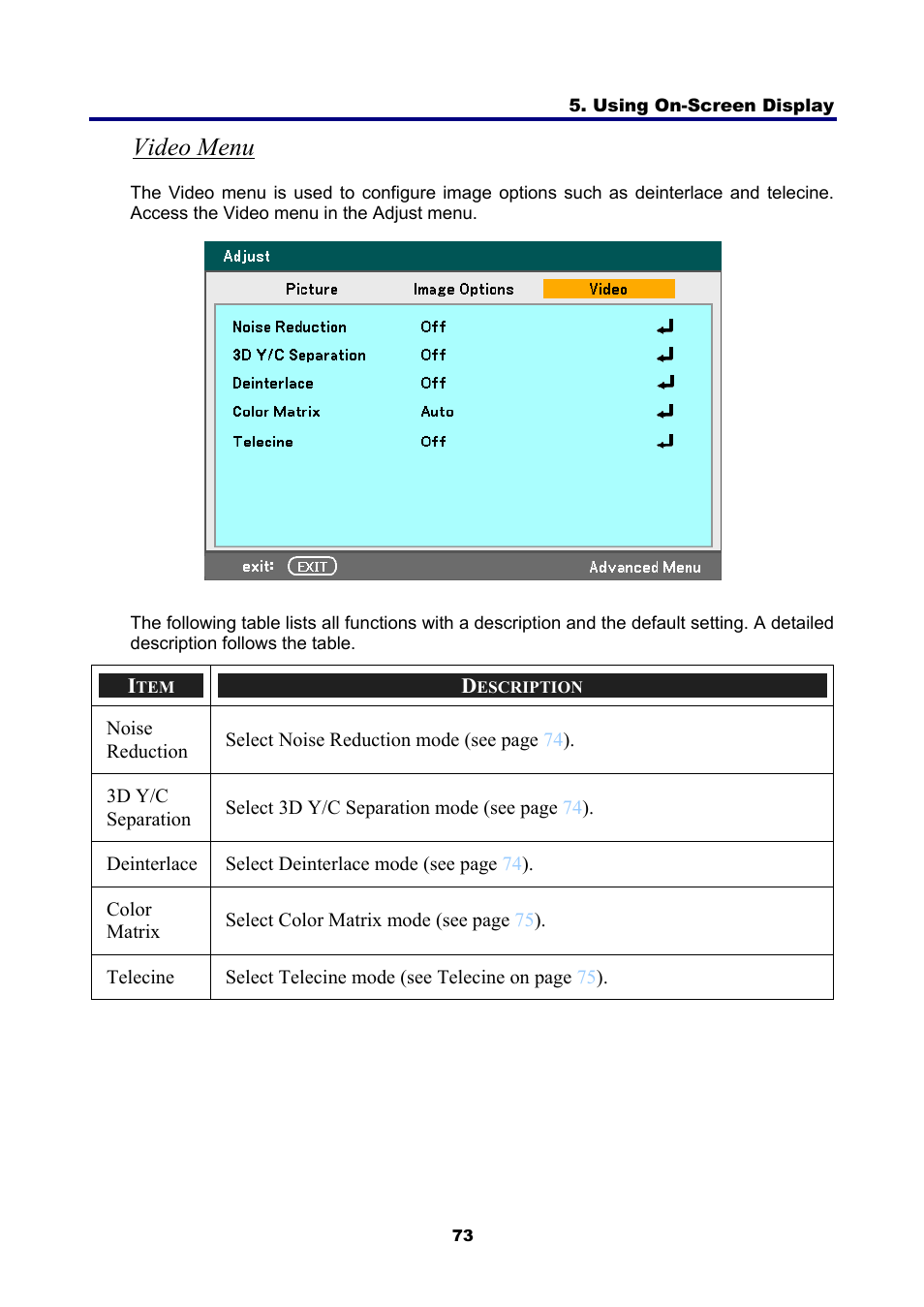 Video menu | NEC NP4001 User Manual | Page 85 / 151