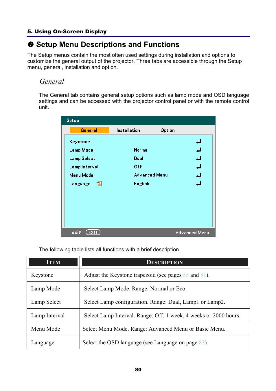 7) setup menu descriptions and functions, General, Etup | Escriptions and, Unctions, Tsetup menu descriptions and functions | NEC NP4001 User Manual | Page 92 / 151