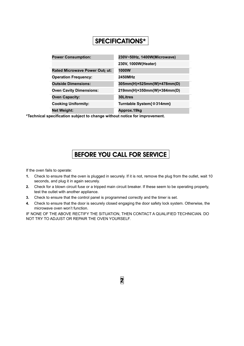 Specifications* before you call for service | NEC NM30BS User Manual | Page 3 / 11