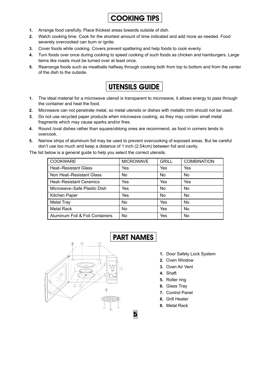 Cooking tips utensils guide part names | NEC NM30BS User Manual | Page 6 / 11