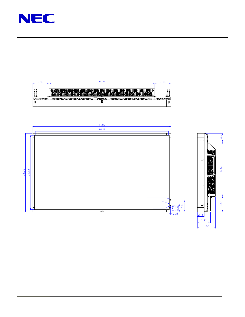 P461 installation guide, 46” lcd display, Display dimensions | Nec display solutions of america, inc | NEC P461 User Manual | Page 3 / 9