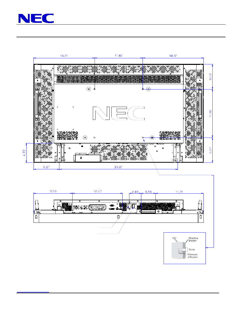 P461 installation guide, 46” lcd display, Display dimensions (cont.) | NEC P461 User Manual | Page 4 / 9