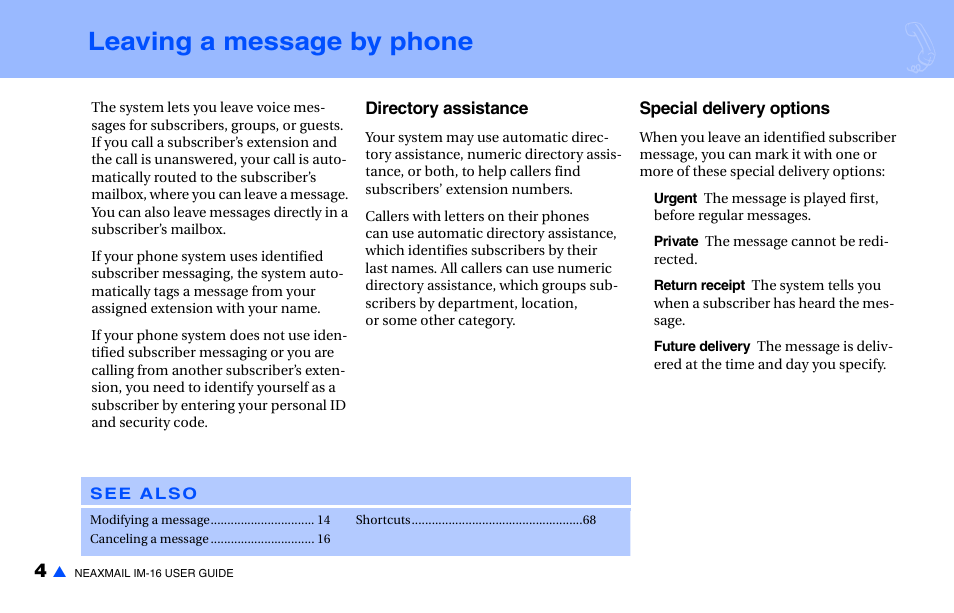 Leaving a message by phone | NEC NEAXMAIL IM-16 User Manual | Page 10 / 86