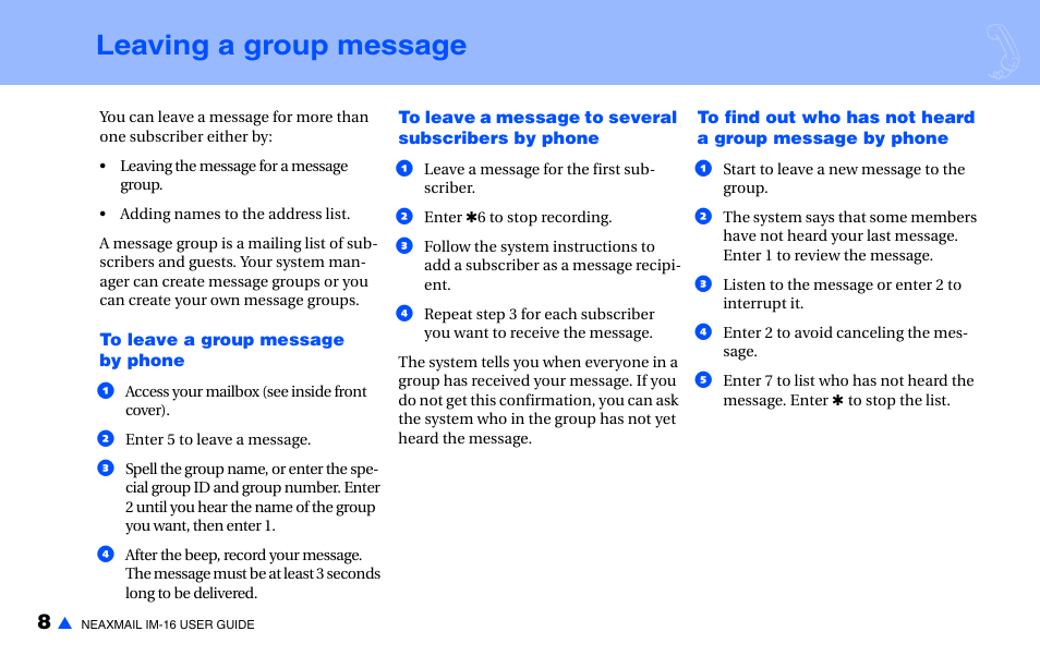 Leaving a group message | NEC NEAXMAIL IM-16 User Manual | Page 14 / 86