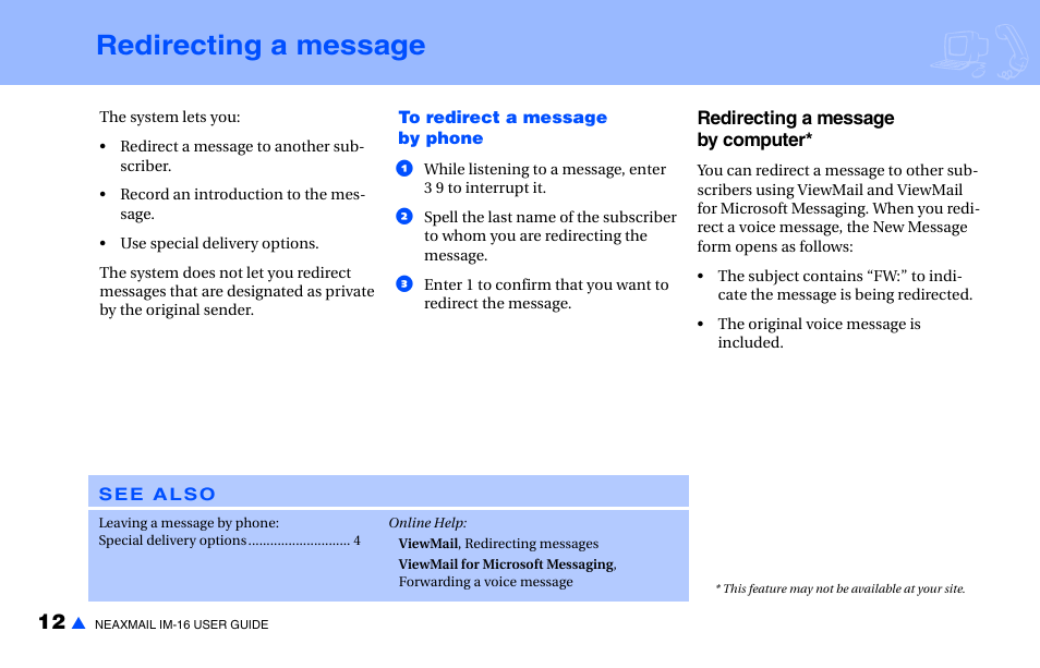 Redirecting a message | NEC NEAXMAIL IM-16 User Manual | Page 18 / 86