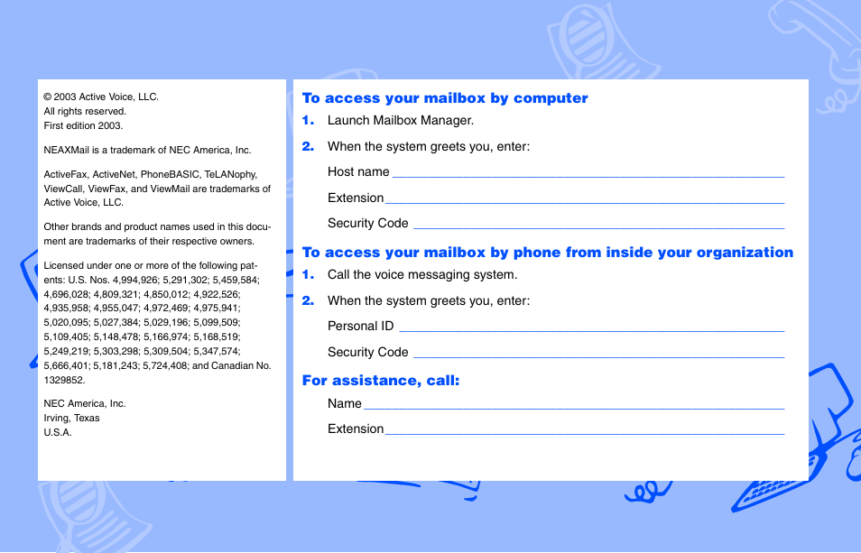 For assistance, call | NEC NEAXMAIL IM-16 User Manual | Page 2 / 86