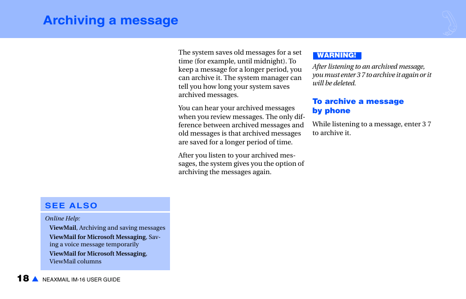 Archiving a message | NEC NEAXMAIL IM-16 User Manual | Page 24 / 86