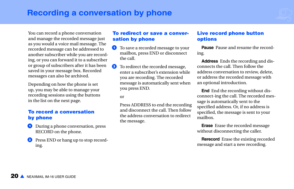 Recording a conversation by phone | NEC NEAXMAIL IM-16 User Manual | Page 26 / 86