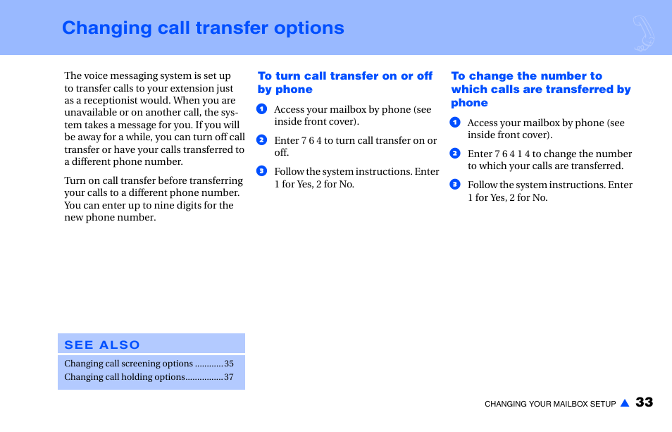 Changing call transfer options | NEC NEAXMAIL IM-16 User Manual | Page 39 / 86