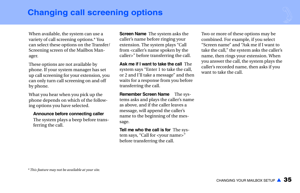 Changing call screening options | NEC NEAXMAIL IM-16 User Manual | Page 41 / 86