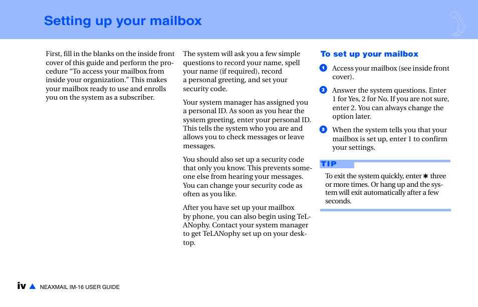 Setting up your mailbox | NEC NEAXMAIL IM-16 User Manual | Page 6 / 86