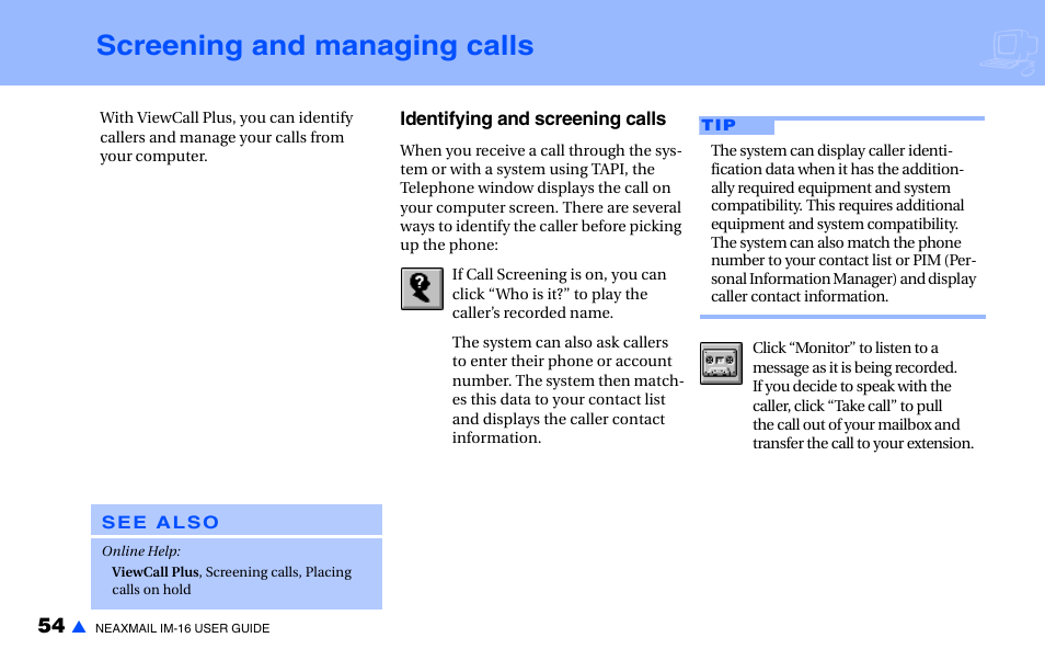 Screening and managing calls | NEC NEAXMAIL IM-16 User Manual | Page 60 / 86