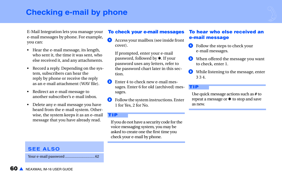 Checking e-mail by phone | NEC NEAXMAIL IM-16 User Manual | Page 66 / 86