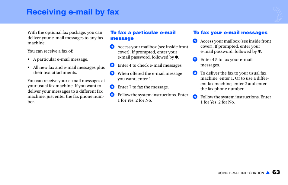 Receiving e-mail by fax | NEC NEAXMAIL IM-16 User Manual | Page 69 / 86