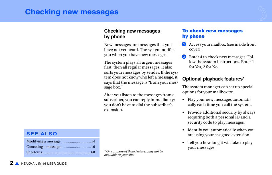 Checking new messages | NEC NEAXMAIL IM-16 User Manual | Page 8 / 86