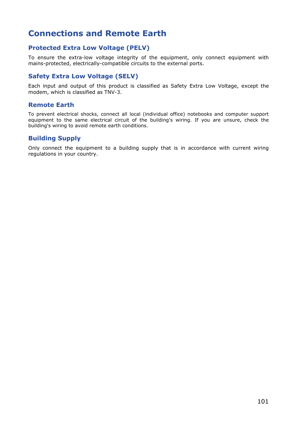 Connections and remote earth, Protected extra low voltage (pelv), Safety extra low voltage (selv) | Remote earth, Building supply | NEC VERSA M380 User Manual | Page 101 / 111