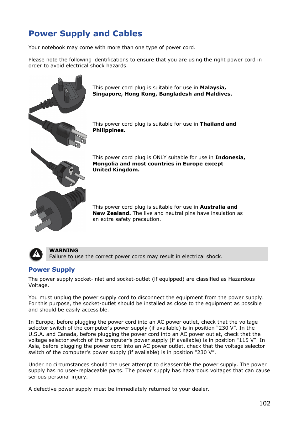 Power supply and cables, Power supply | NEC VERSA M380 User Manual | Page 102 / 111