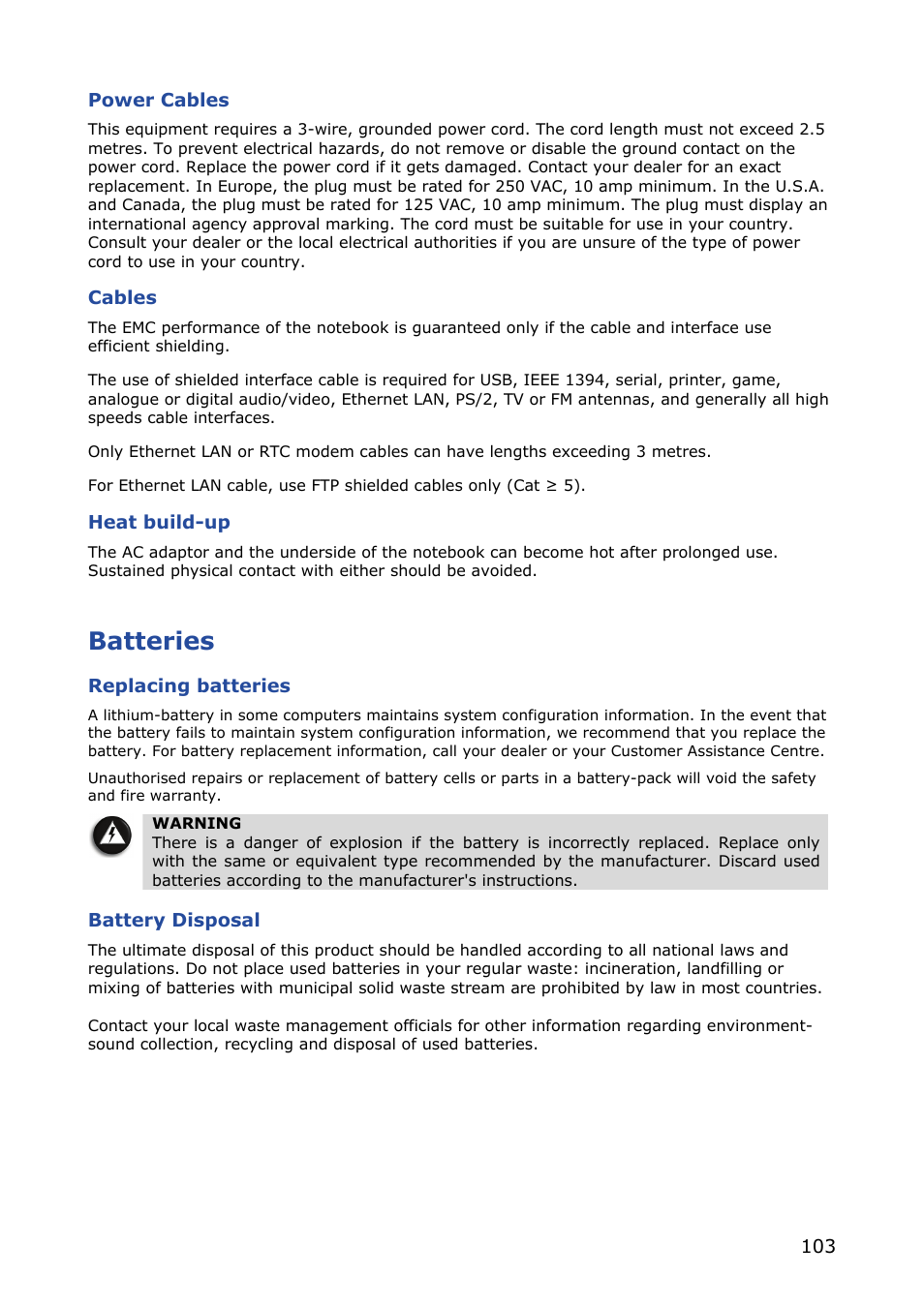 Power cables, Cables, Heat build-up | Batteries, Replacing batteries, Battery disposal | NEC VERSA M380 User Manual | Page 103 / 111