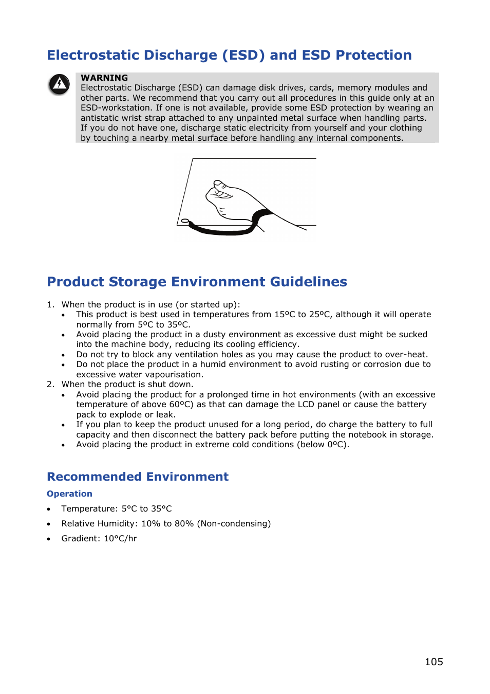 Electrostatic discharge (esd) and esd protection, Product storage environment guidelines, Recommended environment | NEC VERSA M380 User Manual | Page 105 / 111