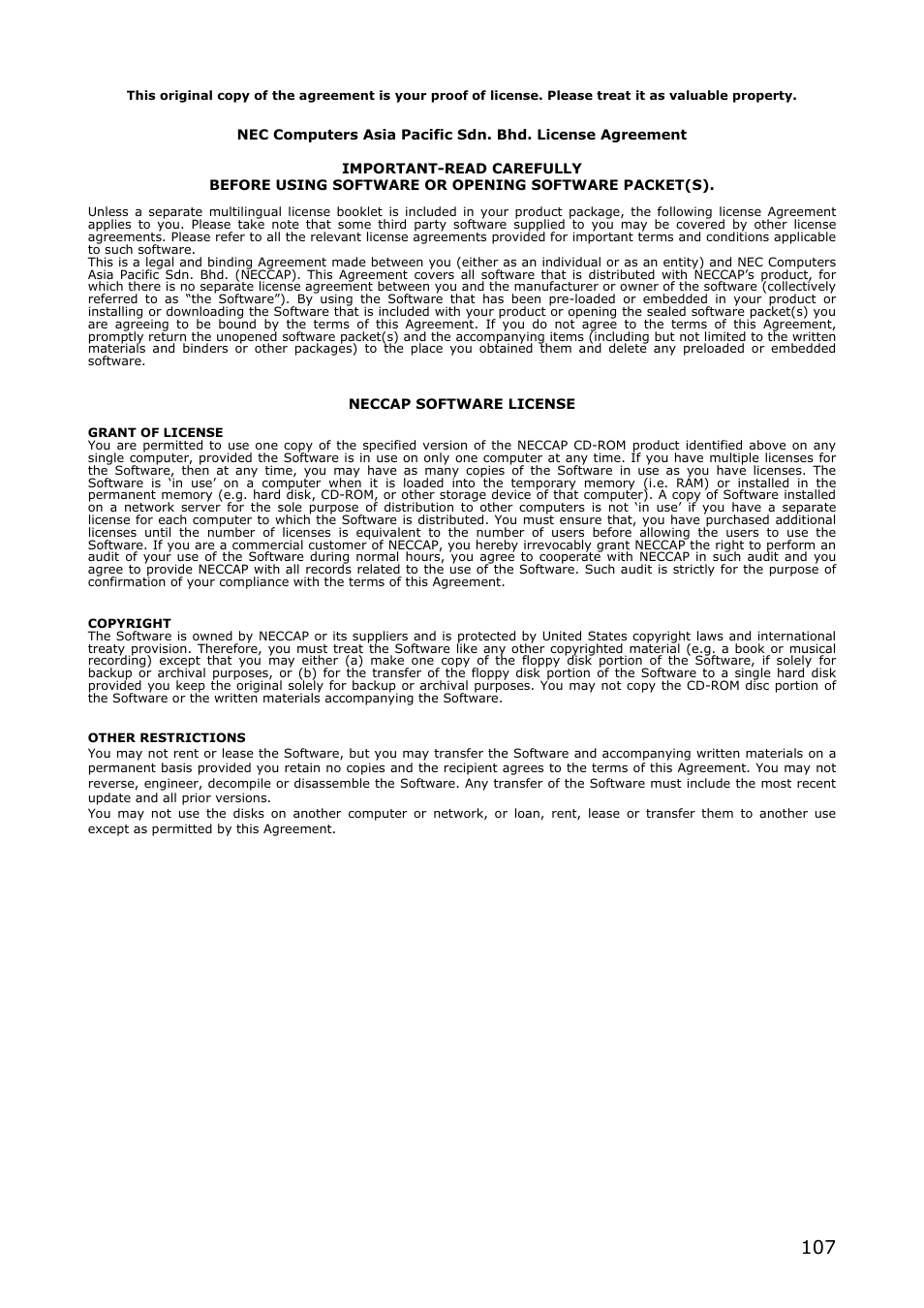 License agreement | NEC VERSA M380 User Manual | Page 107 / 111