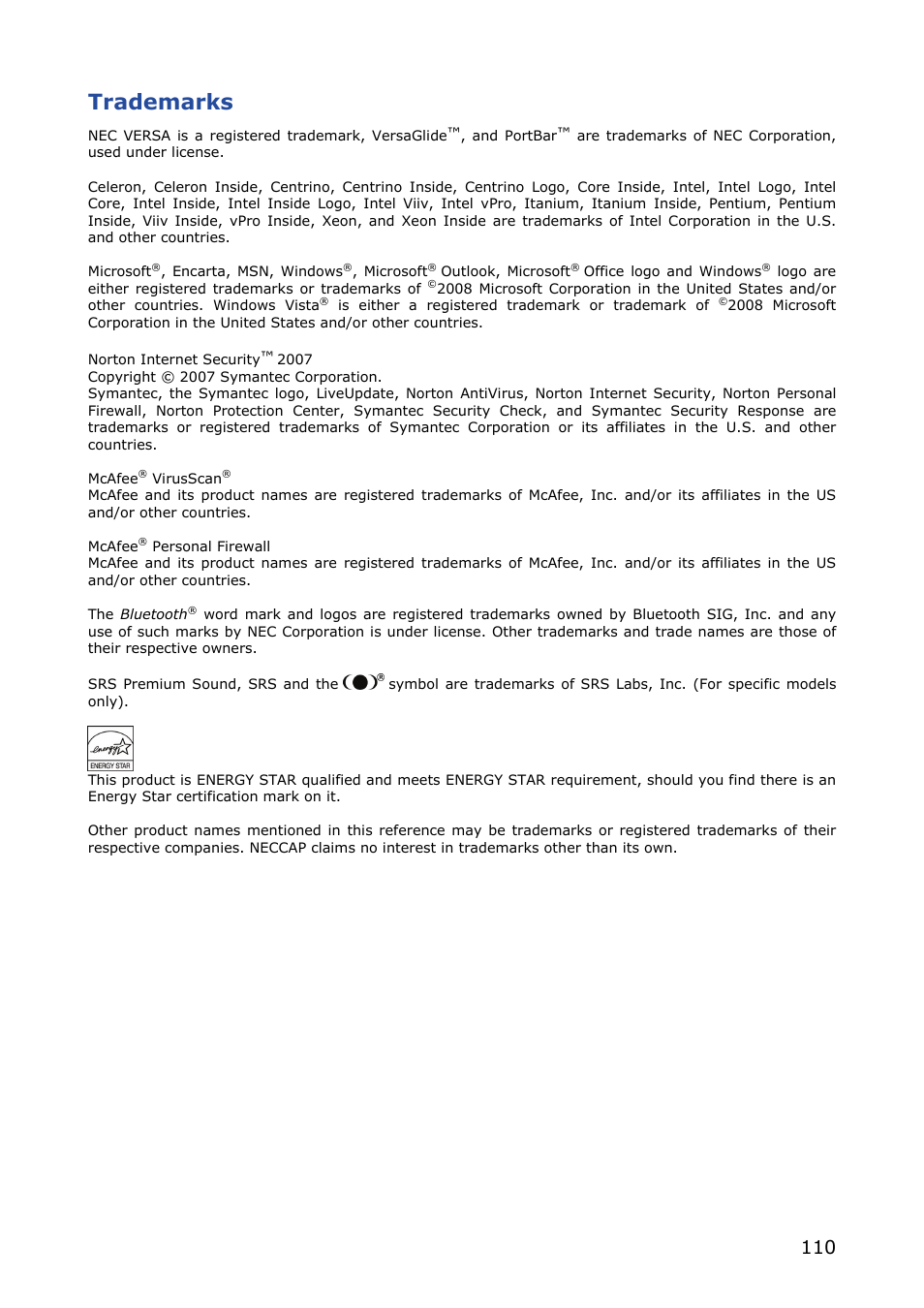 Trademarks | NEC VERSA M380 User Manual | Page 110 / 111