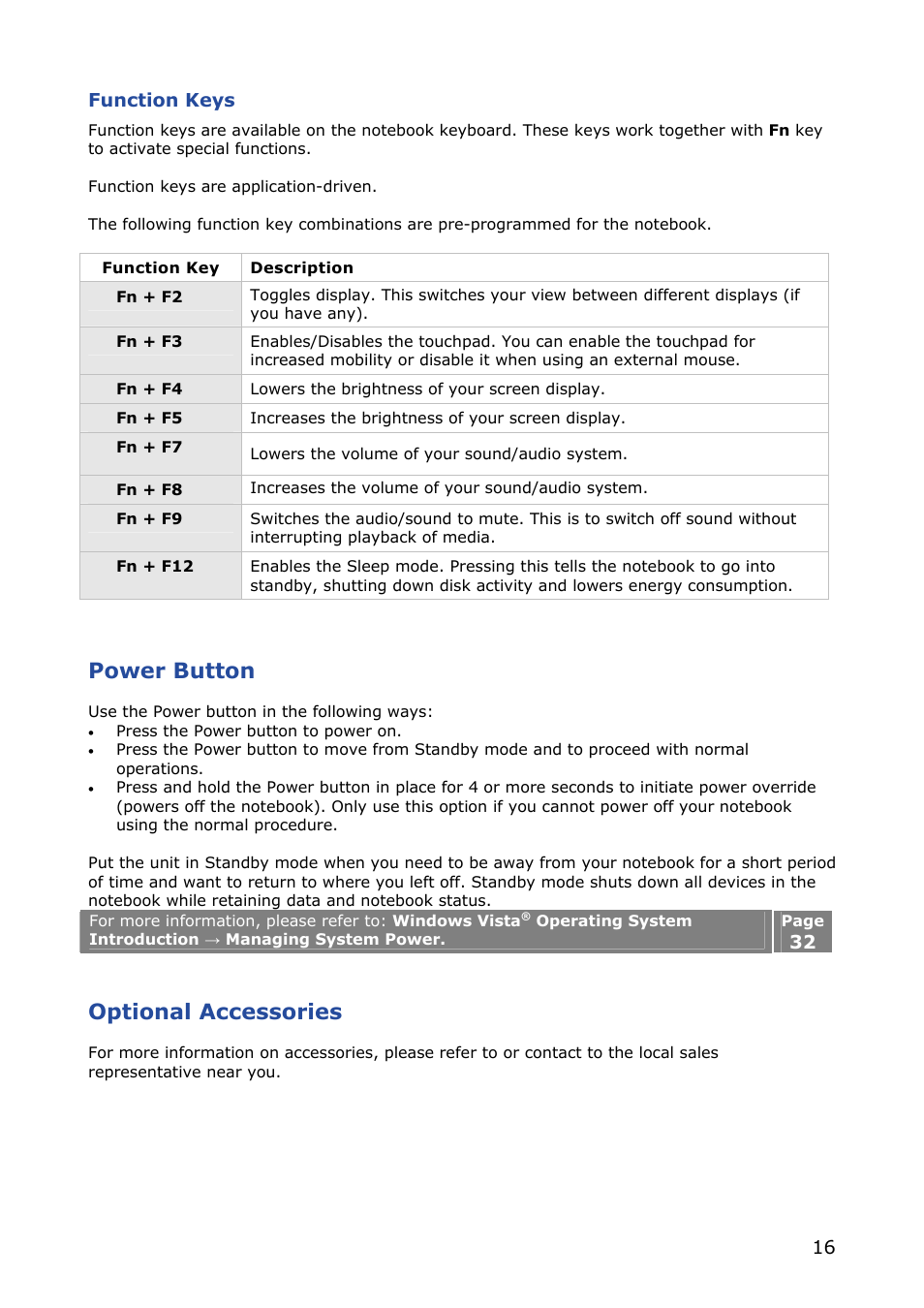 Function keys, Power button, Optional accessories | NEC VERSA M380 User Manual | Page 16 / 111