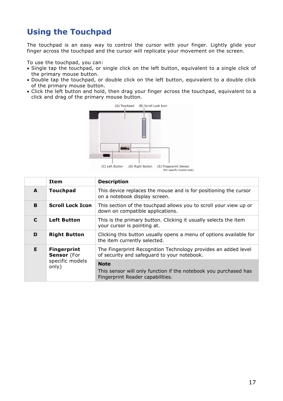 Using the touchpad | NEC VERSA M380 User Manual | Page 17 / 111
