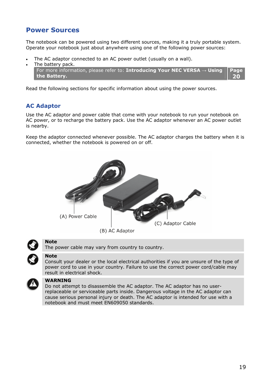 Power sources, Ac adaptor | NEC VERSA M380 User Manual | Page 19 / 111