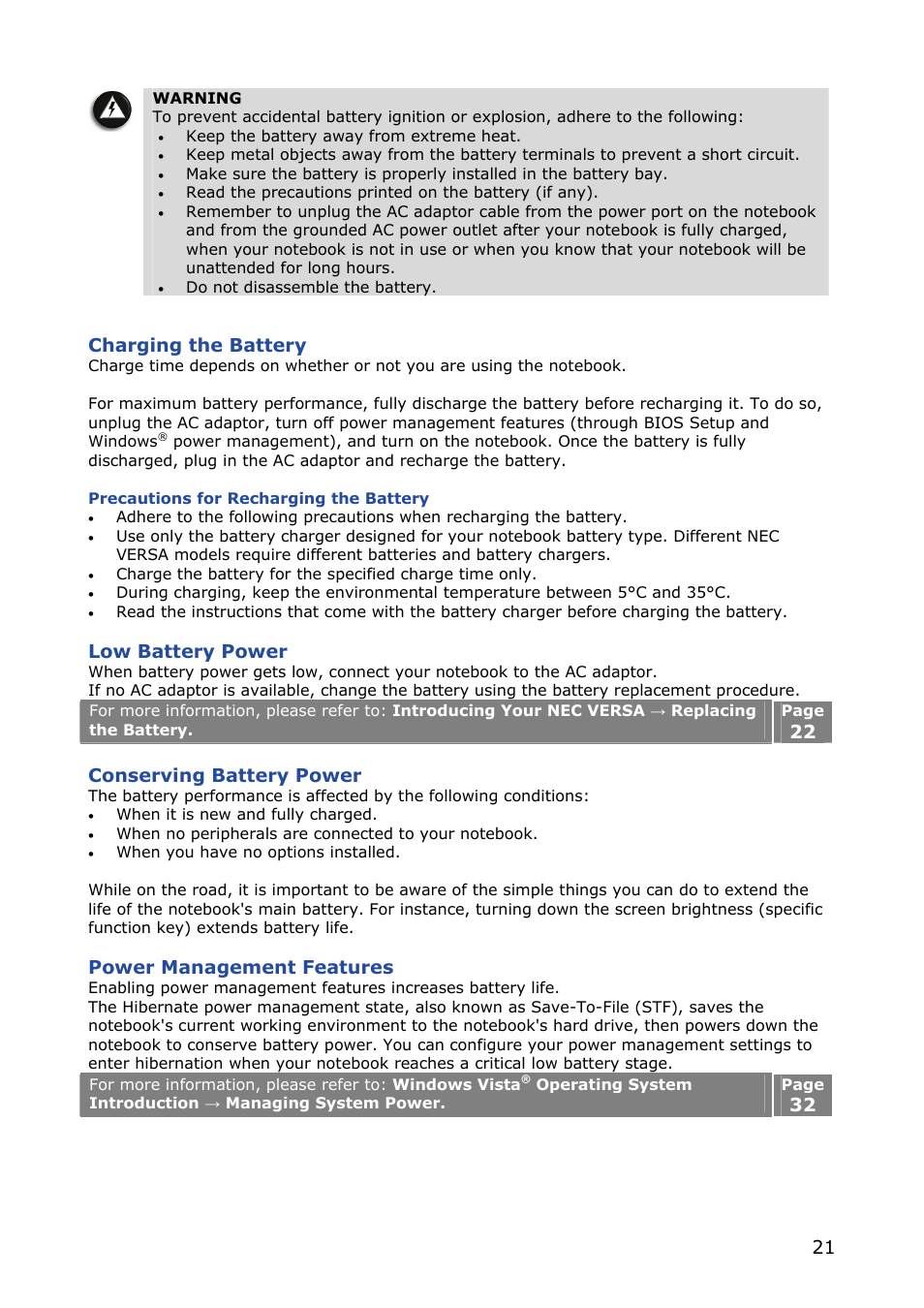 Charging the battery, Low battery power, Conserving battery power | Power management features | NEC VERSA M380 User Manual | Page 21 / 111